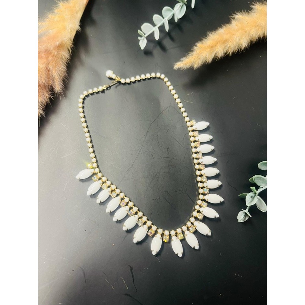 Vintage Hollywood Regency Milk Glass Collar Necklace | White Gold Tone AB Accent